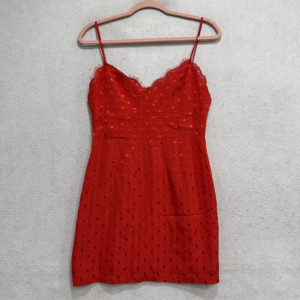 Line & Dot Dress Womens Medium Red Polka Dot Lace Slip Mini Party Cocktail